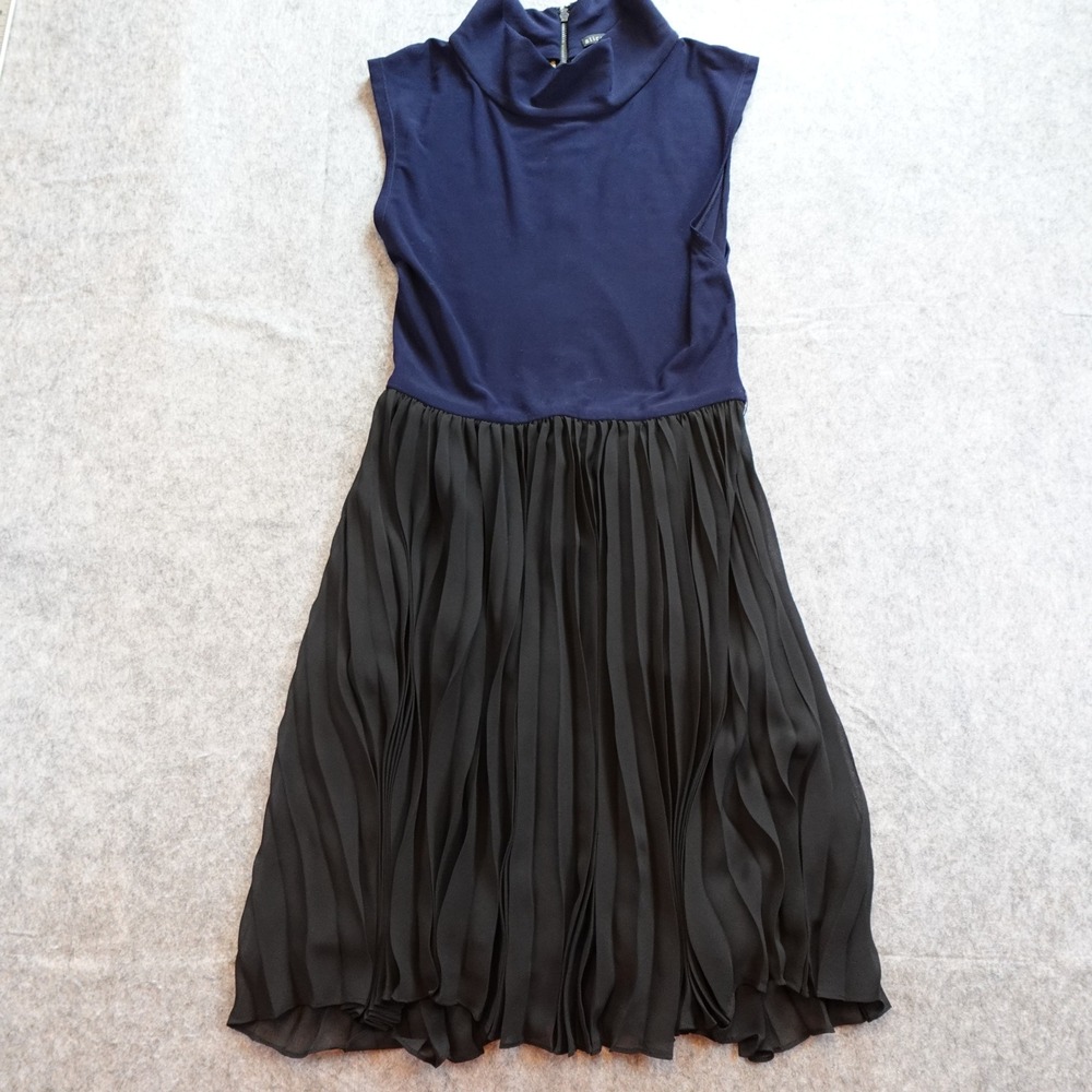 Alice Olivia Dress Womens Small Navy Blue Black Pleated Mock Neck Sleeveless Zip